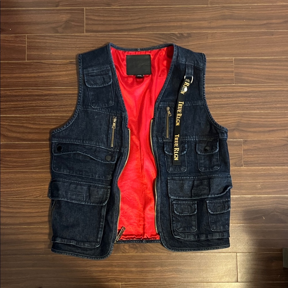 True Religion Men's Dark Blue Vest with Vibrant Red Interior